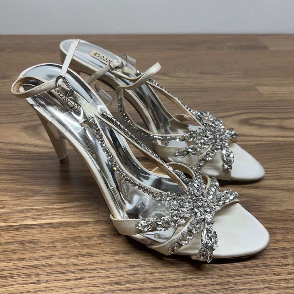Badgley Mischka Womens Jacquelile Sandal Size‎ 9 Ivory Satin Rhinestone Beaded